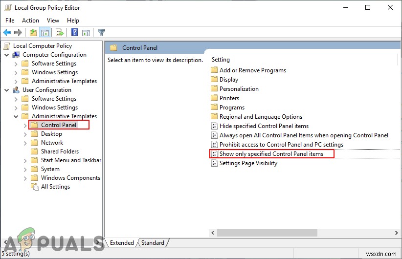 Windows 10에서 특정 제어판 항목 숨기기 또는 표시하는 방법