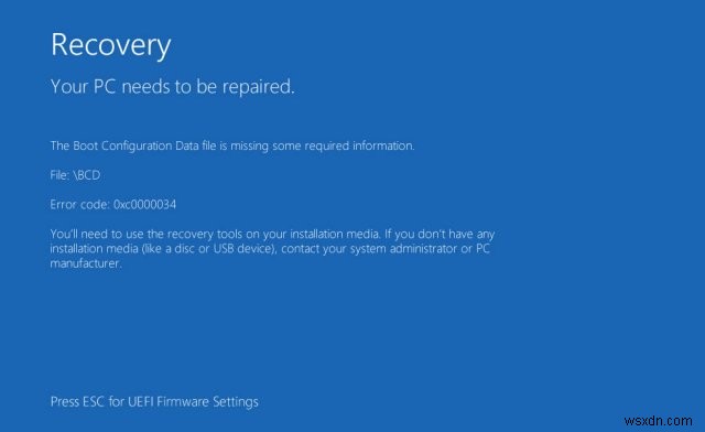 Windows 10 오류 코드 0xc0000034 해결 방법:  부팅 구성 데이터 파일 누락  오류 완벽 복구 가이드