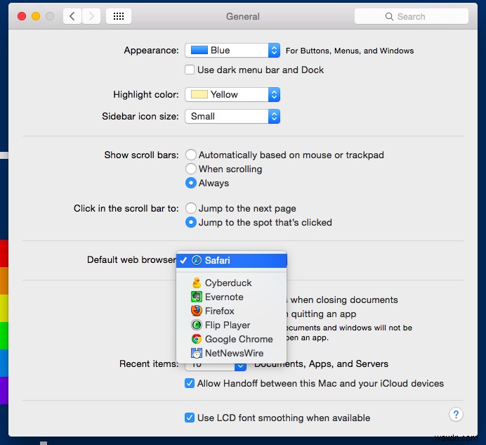 OS X 요세미티 팁: Safari를 열지 않고 기본 웹 브라우저 변경하기