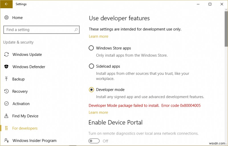 Windows 개발자 모드 패키지 설치 실패 오류 코드 0x80004005 해결 방법