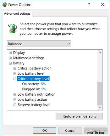 Windows 10에서 위험 배터리 수준 1%까지 변경하는 방법