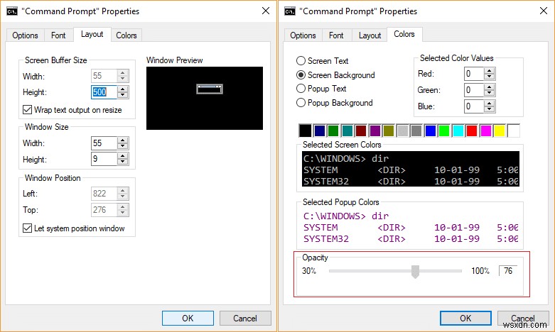 Windows 10 명령 프롬프트 화면 버퍼 크기 및 투명도 변경 방법