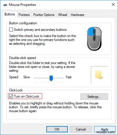 Windows 10에서 마우스 클릭 잠금(ClickLock) 활성화 및 비활성화하는 방법