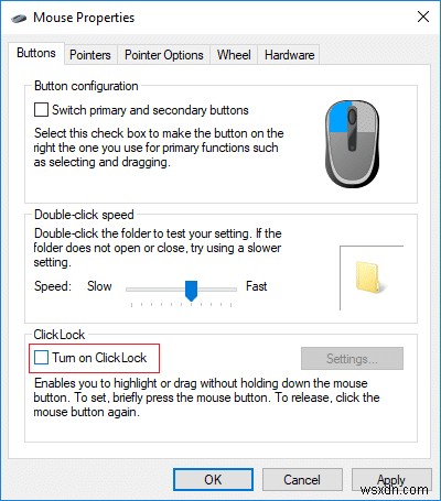 Windows 10에서 마우스 클릭 잠금(ClickLock) 활성화 및 비활성화하는 방법