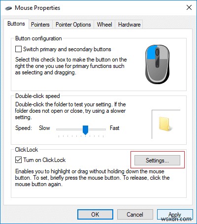 Windows 10에서 마우스 클릭 잠금(ClickLock) 활성화 및 비활성화하는 방법