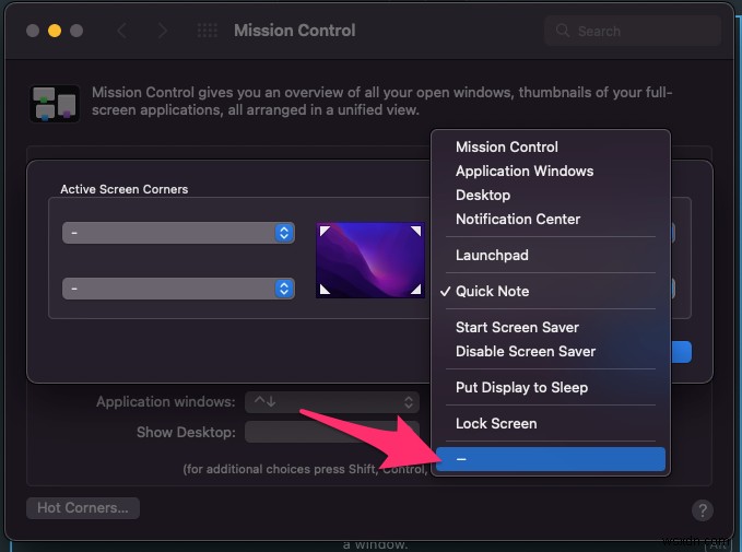 macOS 몬터레이에서 빠른 메모(퀵 노트) 핫 코너 끄는 방법