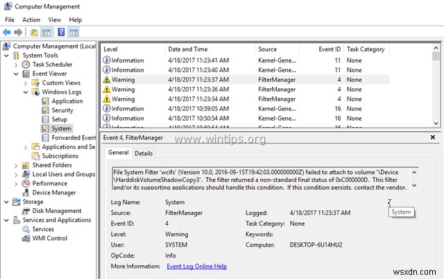 Windows 10 파일 시스템 필터  wcifs  이벤트 ID 4 오류 및 시스템 복원 0x80070091 오류 해결 방법