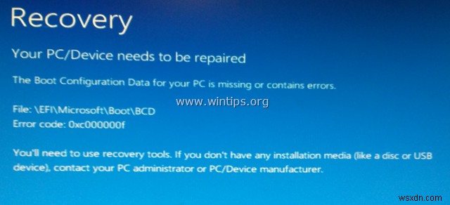 Windows 10/8/8.1 부팅 구성 데이터 누락 BSOD 오류 0x000000f 해결 방법