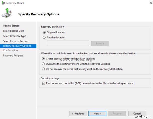 Windows Server 2016/2012/2012R2에서 백업된 파일 복원하는 방법