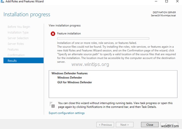 Windows Server 2016에서 Windows Defender 기능 설치 실패(0x800f081f) 오류 해결 방법