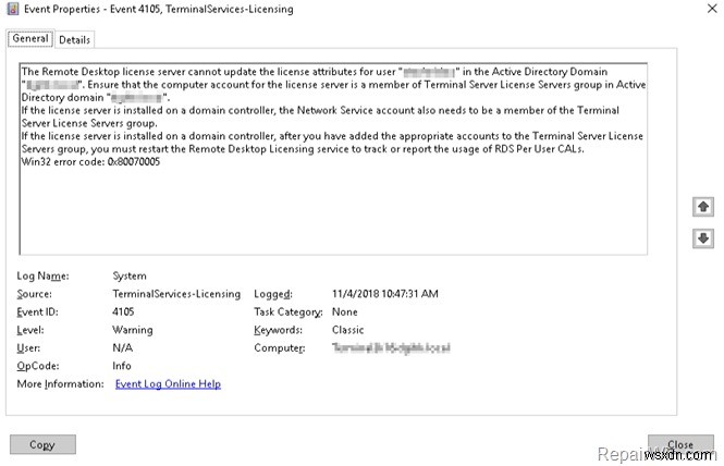이벤트 ID 4105 해결 방법: 원격 데스크톱 라이선스 서버가 Active Directory 사용자의 라이선스 속성을 업데이트하지 못하는 문제 (Server 2008/2012/2016)