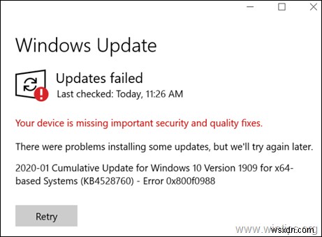 Windows 10 누적 업데이트 KB4528760 오류 0x800f0988 해결 방법 총정리