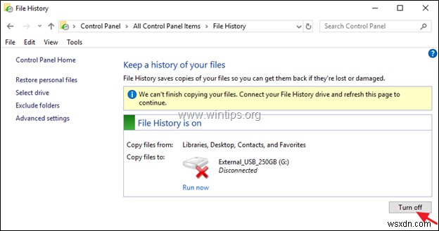 [Windows 10]  드라이브를 다시 연결하세요 – 파일 기록 드라이브 연결 끊김  오류 해결 방법