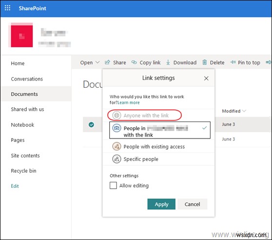 SharePoint  링크가 있는 모든 사용자  공유 옵션이 회색으로 비활성화될 때 해결 방법