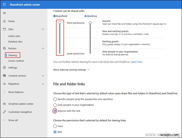 SharePoint  링크가 있는 모든 사용자  공유 옵션이 회색으로 비활성화될 때 해결 방법