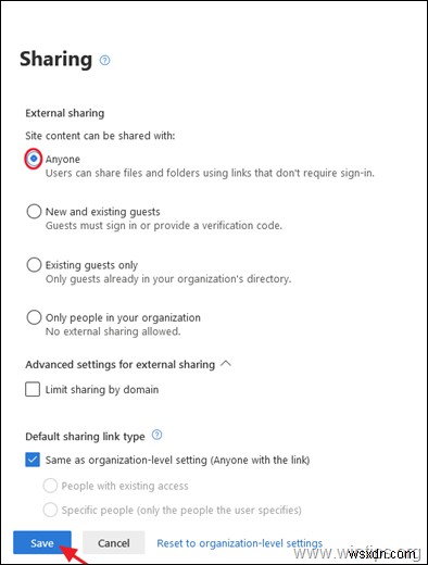 SharePoint  링크가 있는 모든 사용자  공유 옵션이 회색으로 비활성화될 때 해결 방법