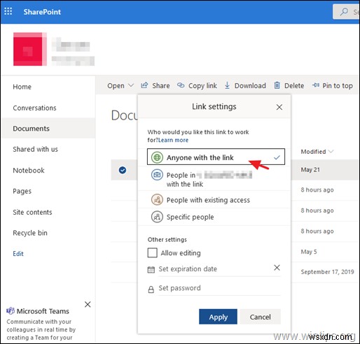 SharePoint  링크가 있는 모든 사용자  공유 옵션이 회색으로 비활성화될 때 해결 방법