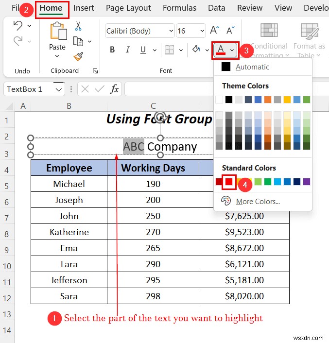 Excel 텍스트 상자에서 텍스트 강조 표시하는 3가지 방법