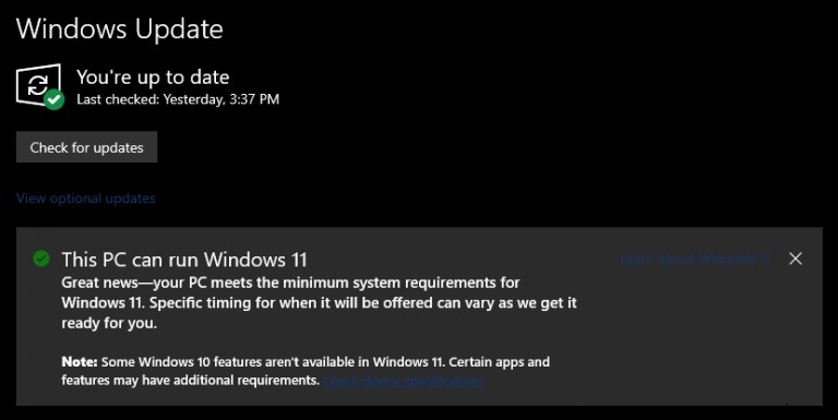 윈도우 업데이트, 이제 Windows 10 인사이더에게 Windows 11 설치 가능 여부를 알려줍니다