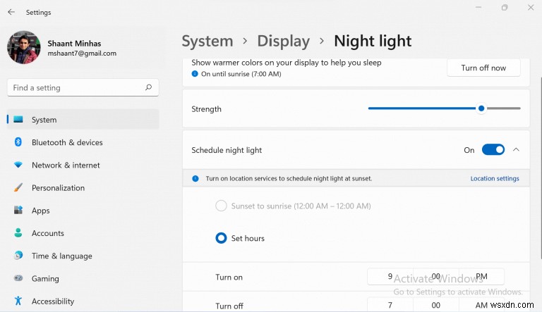 Windows 11 야간 조명(Night light) 활성화 및 사용 방법