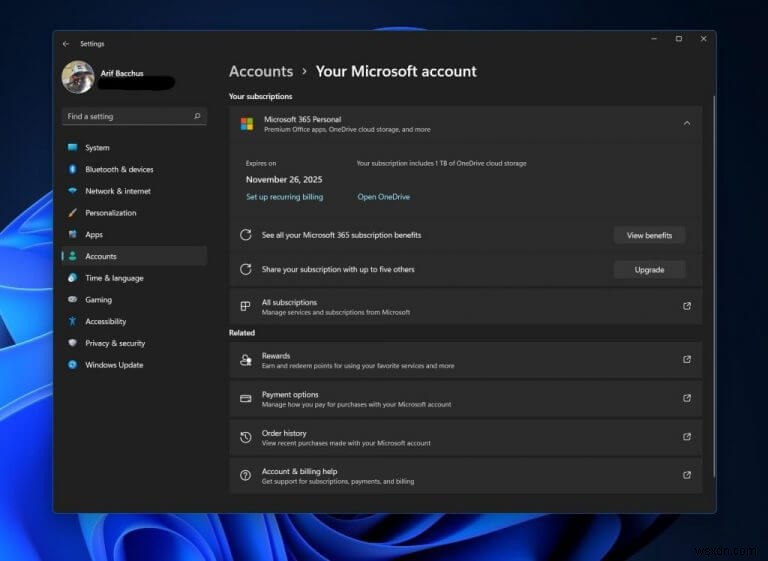 Windows 11 1월 선택적 업데이트, 설정 앱에 Microsoft 계정 패널 추가