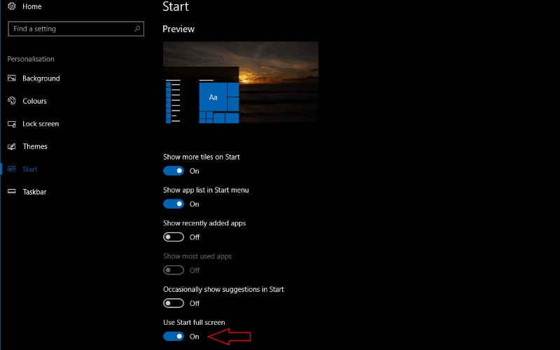 Windows 10에서 전체 화면 시작 화면 활성화하는 방법