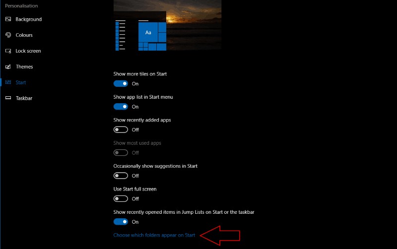 Windows 10 시작 메뉴 폴더 바로 가기를 사용자 지정하는 방법