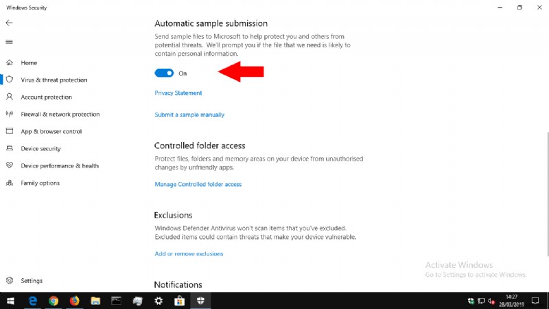 Windows 10에서 Microsoft로 바이러스 샘플 자동 전송 끄는 방법