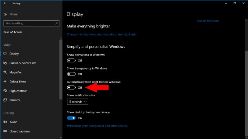 Windows 10에서 스크롤바가 자동으로 숨겨지지 않도록 설정하는 방법