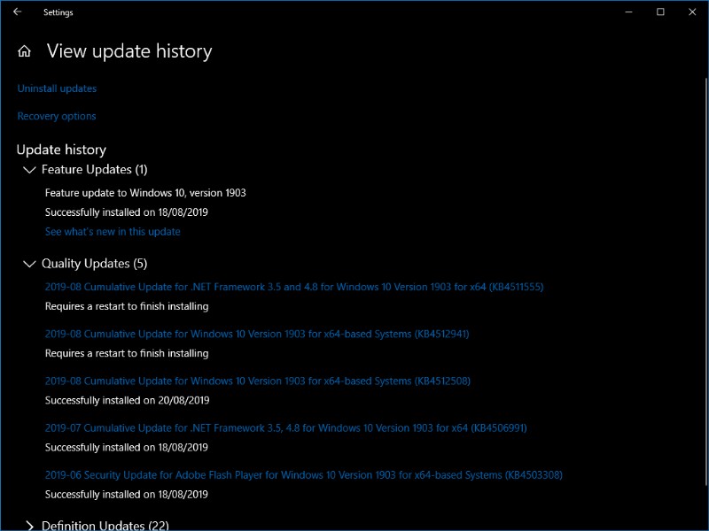 Windows 10에 설치된 업데이트 확인 및 제거하는 방법