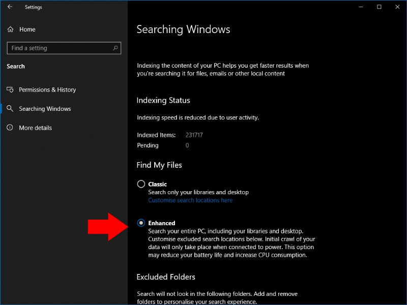 Windows 10에서 향상된(Enhanced) 검색 기능 활성화하는 방법