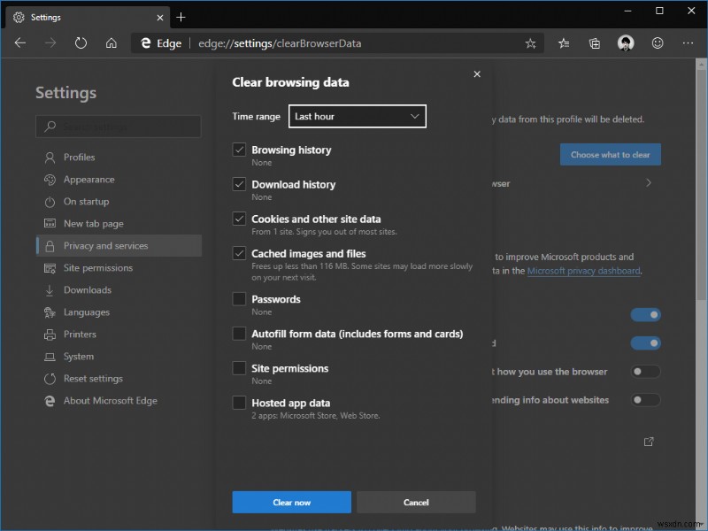 Microsoft Edge Insider에서 브라우저 데이터를 지우는 방법