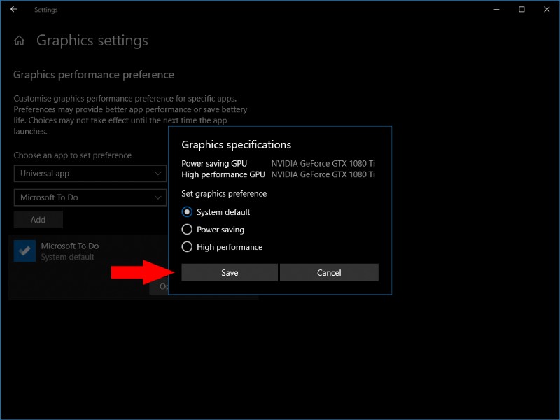 Windows 10에서 앱별 그래픽 성능 설정 지정하는 방법