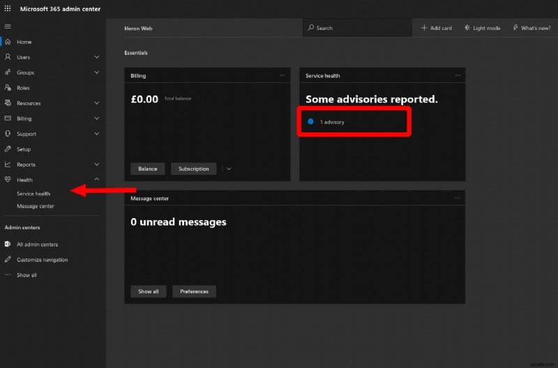 Office 365 관리 센터에서 서비스 상태 확인하고 문제 보고하는 방법