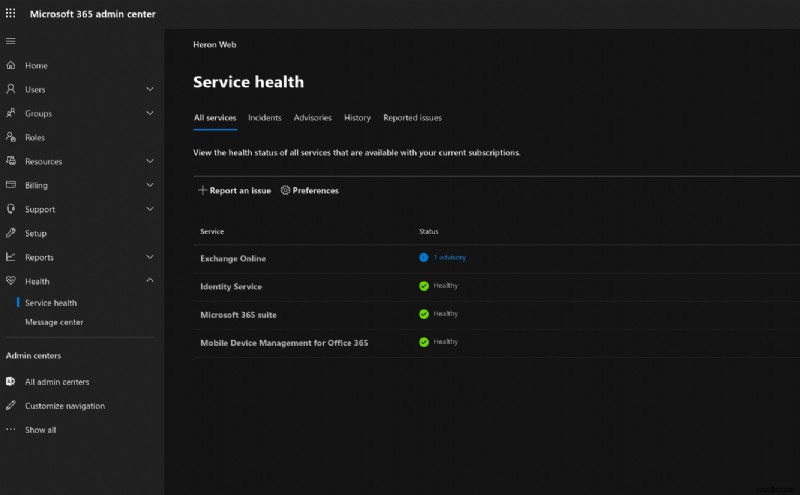 Office 365 관리 센터에서 서비스 상태 확인하고 문제 보고하는 방법
