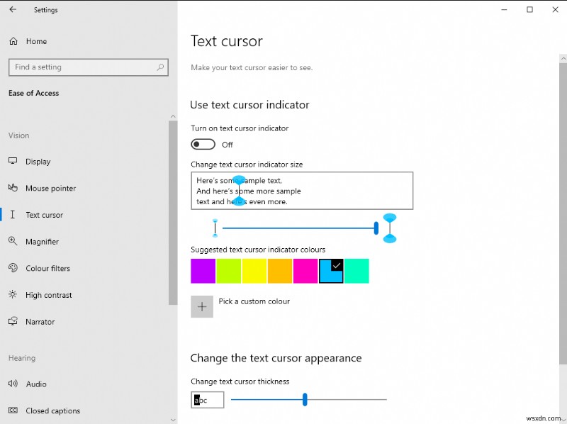 Windows 10에서 텍스트 입력 커서 두께와 색상 표시기를 바꾸는 방법