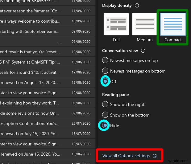 Outlook 웹 버전 받은 편지함, 컴팩트한 레이아웃으로 바꾸는 방법