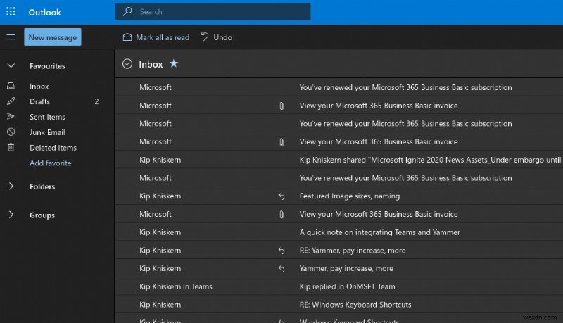 Outlook 웹 버전 받은 편지함, 컴팩트한 레이아웃으로 바꾸는 방법