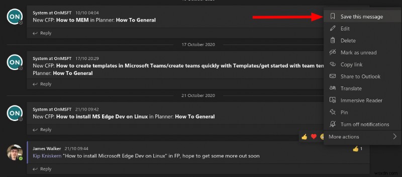 Microsoft Teams에서 메시지를 북마크로 저장하는 방법