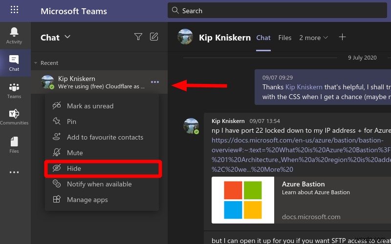 Microsoft Teams 채팅 숨기기 및 숨김 해제하는 방법