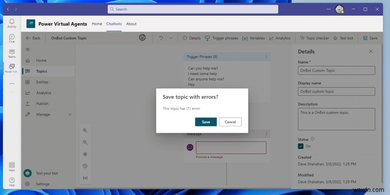 Microsoft Teams에서 Power Virtual Agents 챗봇 토픽 만들고 편집하는 완벽 가이드