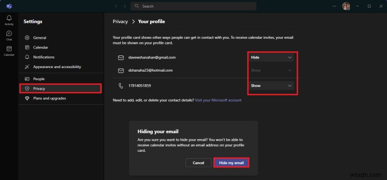 Windows 11 Microsoft Teams 채팅에서 이메일 주소 숨기는 방법