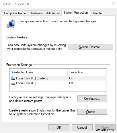 Windows 10에서 시스템 파일 백업 및 복원 지점 만드는 방법