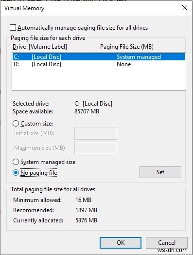 Windows 10에서 페이지 파일 변경·이동·비활성화하는 완벽 가이드