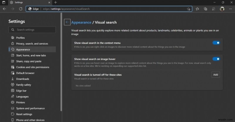 Microsoft Edge에서 시각적 검색(Visual Search) 버튼 켜고 끄는 방법