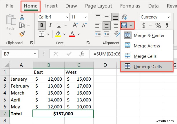 Microsoft Excel에서 셀 병합을 해제하는 4가지 간단한 방법