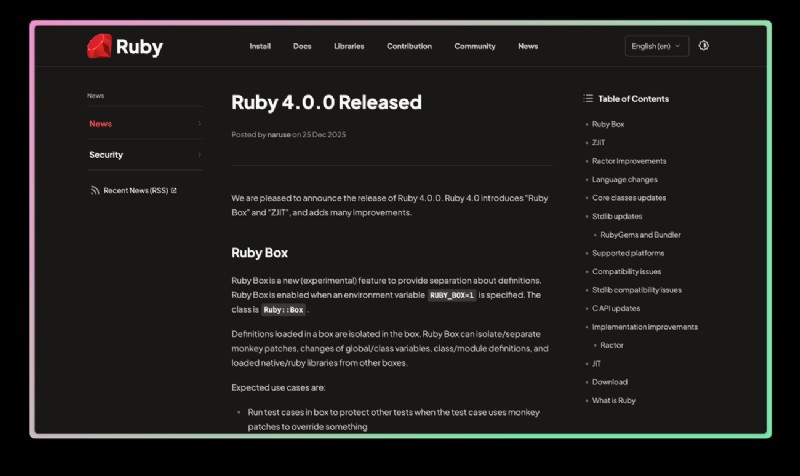 Ruby 4.0 완벽 정리: 주요 기능, 릴리스 하이라이트 및 업그레이드 가이드