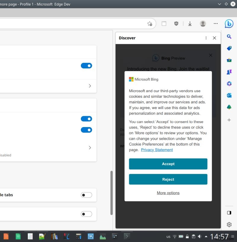 Microsoft Edge 도구 모음의 Bing/Discover 버튼 제거하는 방법