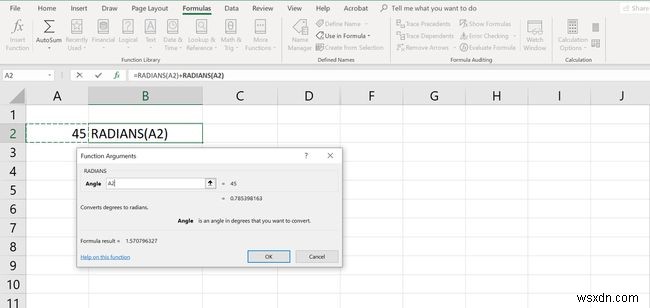 Excel에서 각도를 도에서 라디안으로 변환하는 방법