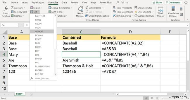 Excel CONCATENATE 기능을 사용하여 셀을 결합하는 방법